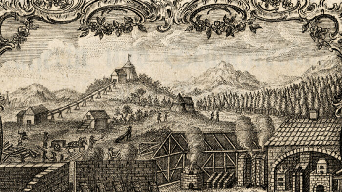 En illustrasjon av et industrimiljø fra 1700-tallet. Folk hogger tømmer og det kommer røyk ut av fabrikkpiper. Illustrasjon