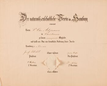 Medlem av det naturvitenskapelige selskap i Hamburg/Der naturwissenschaftliche verein in Hamburg. 1/12 1858