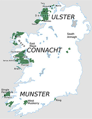 Kart over Irland, områder der det snakkes irsk.