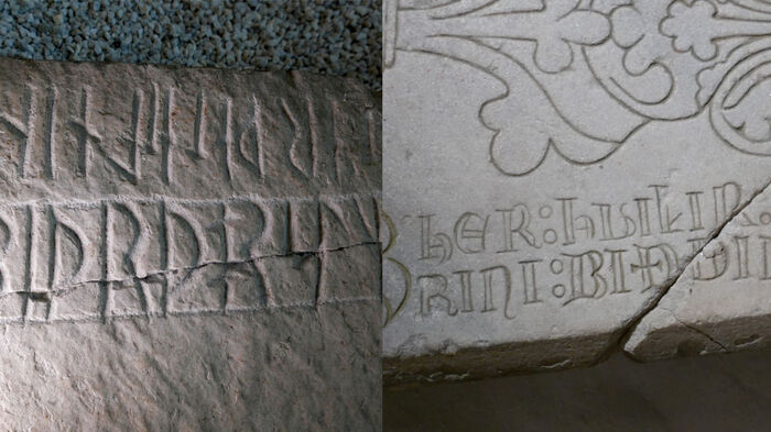To fotografier satt sammen til ett bilde: Begge viser steiner med inskripsjoner av runer og bokstaver.