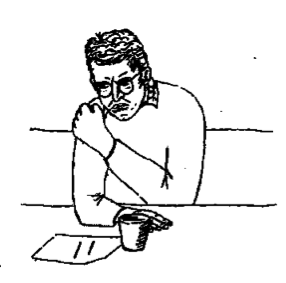 Mann med briller sitter ved et bord med hevet knyttneve. Illustrasjon.