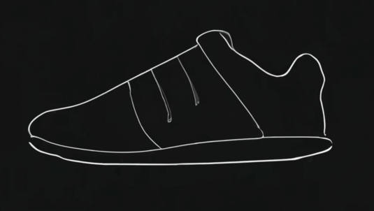 A painting of a shoe with dark background and a white line.