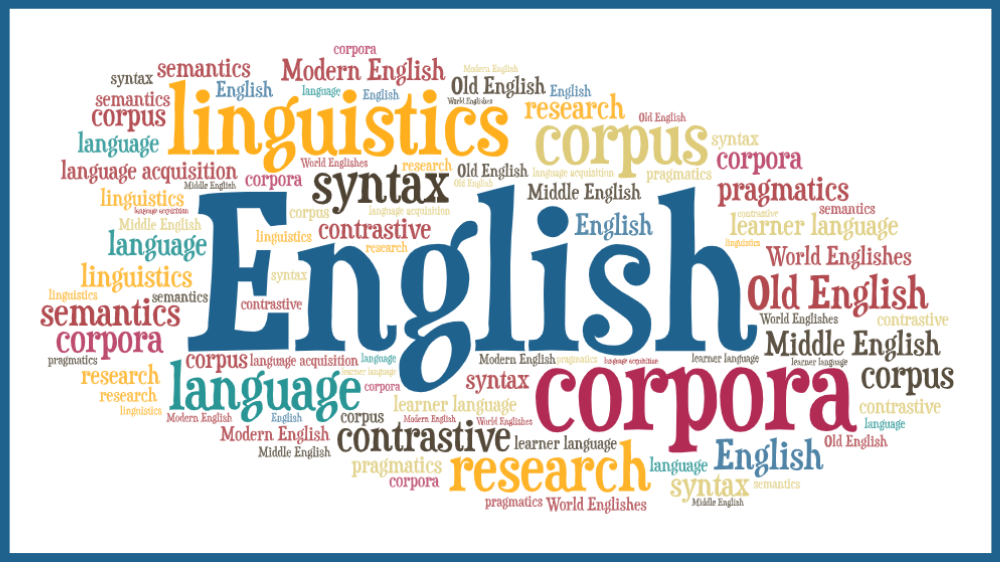 Image of word cloud showing terms central for the group, such as English, language, linguistics, corpora, contrastive