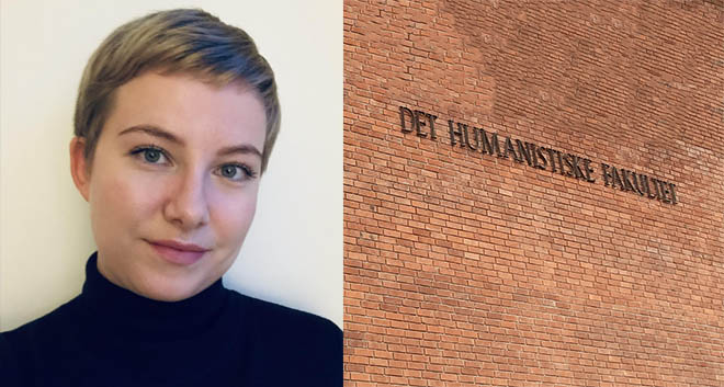 Doctoral candidate Emma Helene Heggdal, wall with text "det humanistiske fakultet"