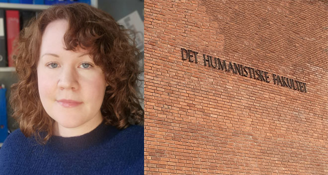 Doctoral candidate Anna Young, wall with text "det humanistiske fakultet"