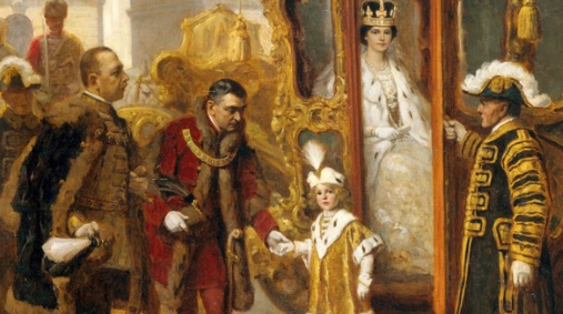 A young boy with a cloak and crown surrounded by three cloaked men, in the background a seated woman with a diadem. Painting.
