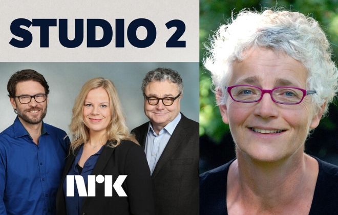 Todelt foto av tre programledere fra Studio 2 og instituttleder Karen Gammelgaard