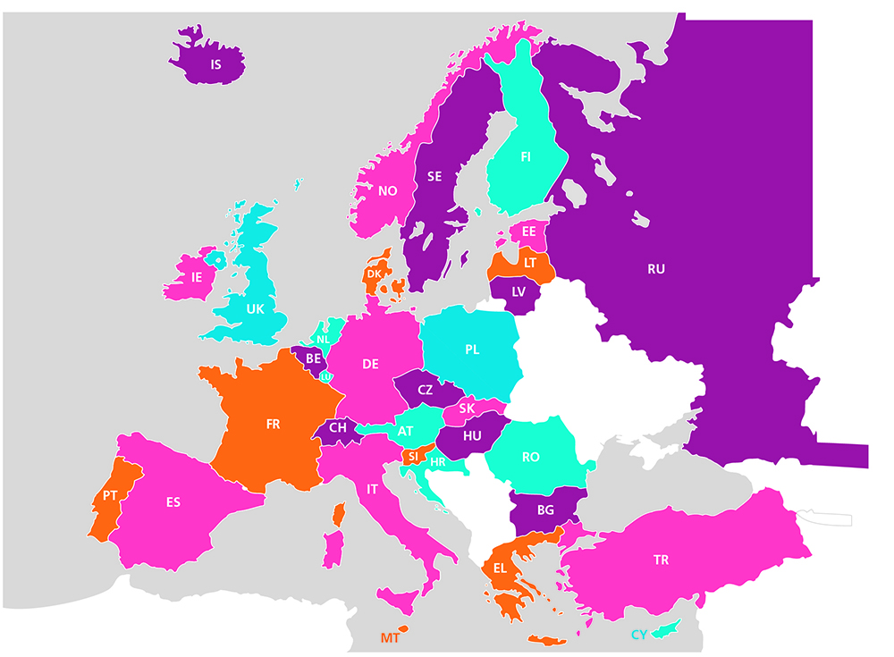 Kart over europa som markerer hvilke lands som deltar i prosjeket. Illustrasjon.