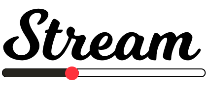 Logo for prosjektet, "Stream" skrevet med sort løkkeskrift og en avspillingsviser under.