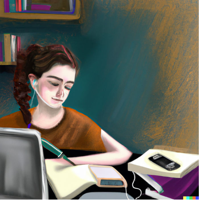 En tegning av en student som jobber med en skriftlig oppgave