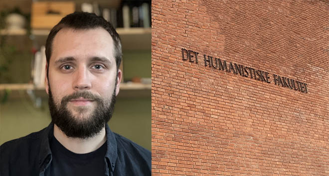 Doctoral candidate Bjørnar Ersland Sandvik, wall with text "Det humanistiske fakultet"
