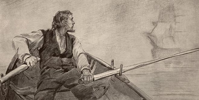 A man row in a small boat and see a tall ship behind his back. Drawing.