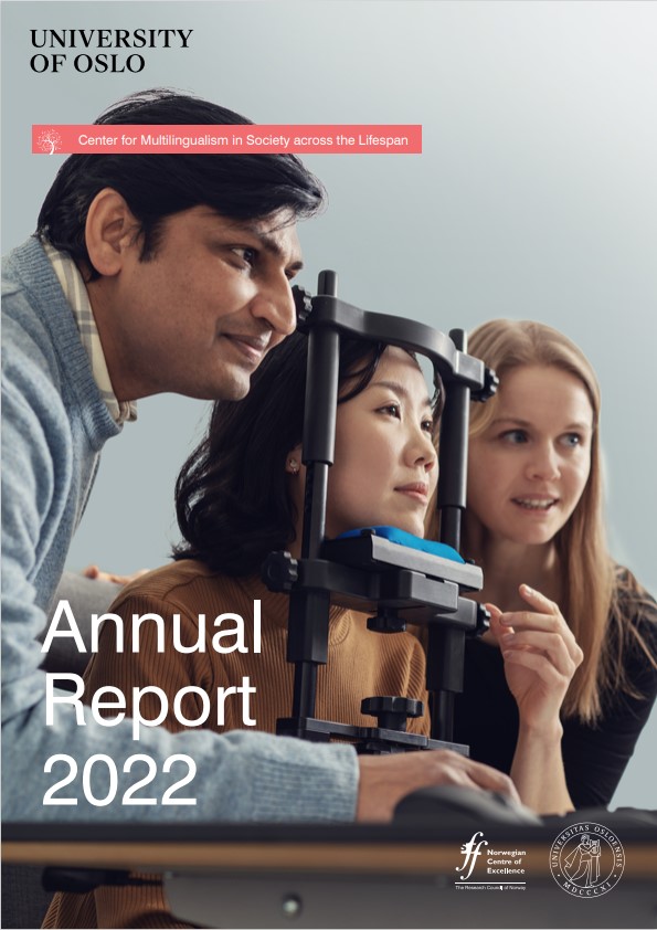 Front cover of MultiLing Annual Report 2021. Background photo of a middle aged man with dark hair and glasses, speaking and gesturing