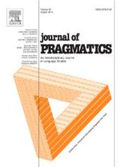 Front cover of the Journal of Pragmatics, white background with black lettering and a triangular, orange figure