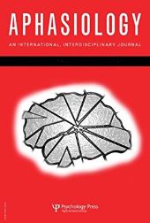 Front conver of journal Aphasiology, red with a black stripe and an abstract grey and white drawing