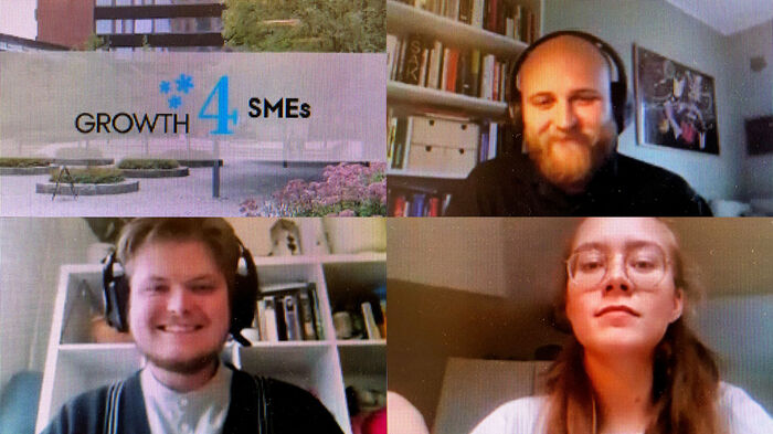 Collage of four images: Top left logo for Growth4SMEs superimposed over at photo of the Faculty campus. Top right and bottom: Portraits of the three students participants.