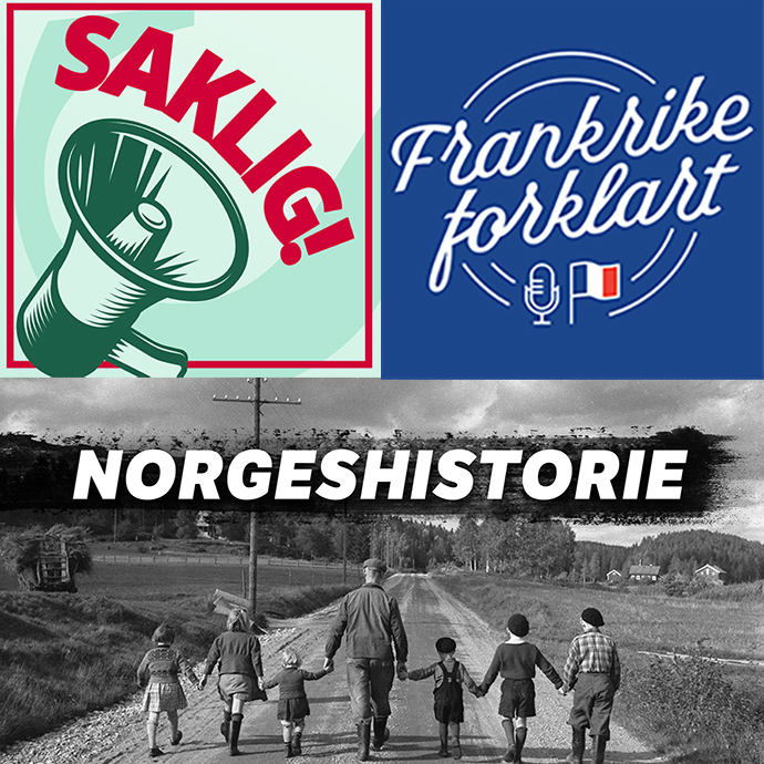 Logoene til Saklig, Frankrike forklart og Norgeshistorie i en kollage med navnene skrevet på..