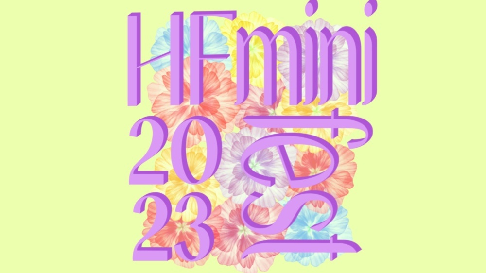 HF mini fest 2023 i rosa på grønn bakgrunn. Illustrasjon