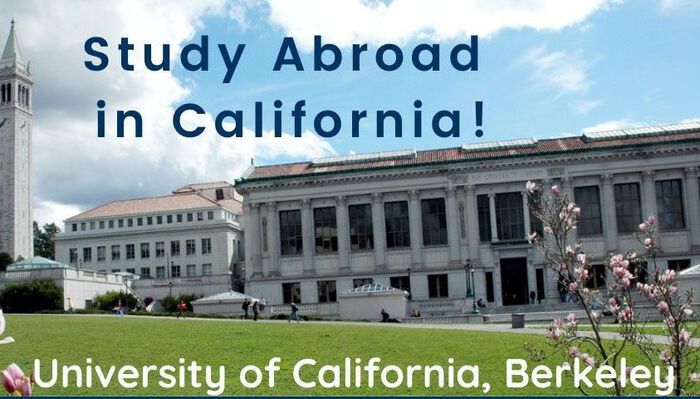 Bilde av University of California, Berkeley, med teksten "Study Abroad in California!"