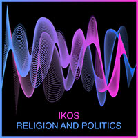 Lydbølger i blått, rosa og lilla. IKOS skrevet i rosa og Religion og politikk i blått. Illustrasjon.